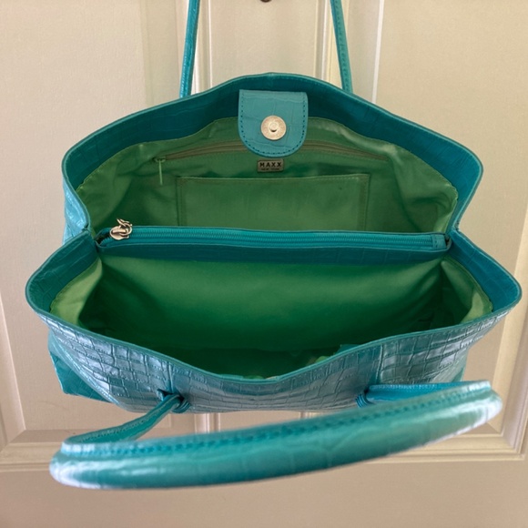 Maxx NY Croco Embossed Leather Double Handle Satchel/Turquoise/EUC/REDUCED PRICE - Picture 7 of 15